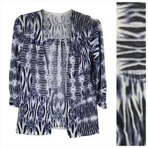 Chico's Navy Tie Dye Shimmer Linen Open Front Cardigan Lightweight Knit Sweater